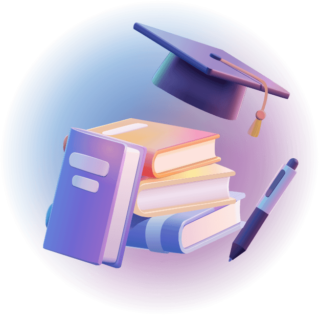 3D educational icons including a graduation cap and books